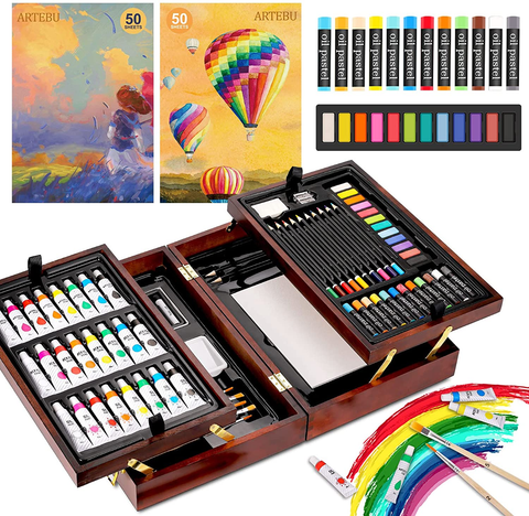 Image of 130-Piece Art Kit Painting Supplies in Portable Wooden Art Case, Acrylic Paints, Oil Pastels, Colored Pencils, Portable Art Set Gift for Kids Beginners and Artists