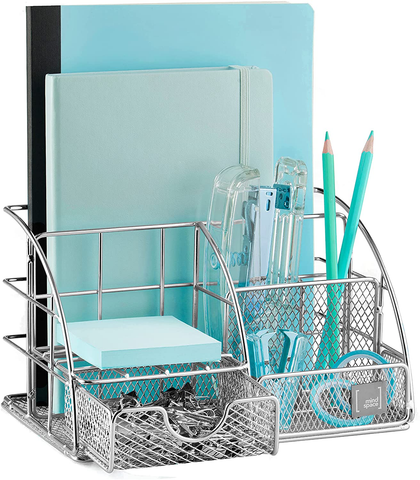 Image of Rose Gold Desk Accessories, Desk Organizer & Office Decor for Women, Office Supplies Pen Holder | Paper & Binder Clips Included - Features 5 Compartments + Drawer | the Wire Collection