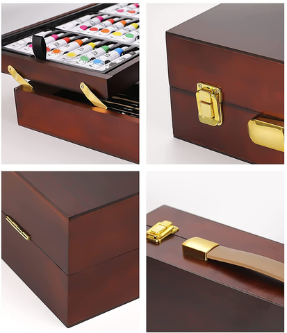 Image of Deluxe Art Set in Wooden Case, with Soft & Oil Pastels, Acrylic & Watercolor Paints, Water Color, Sketching, Charcoal & Colored Pencils, Watercolor Cakes and Tools