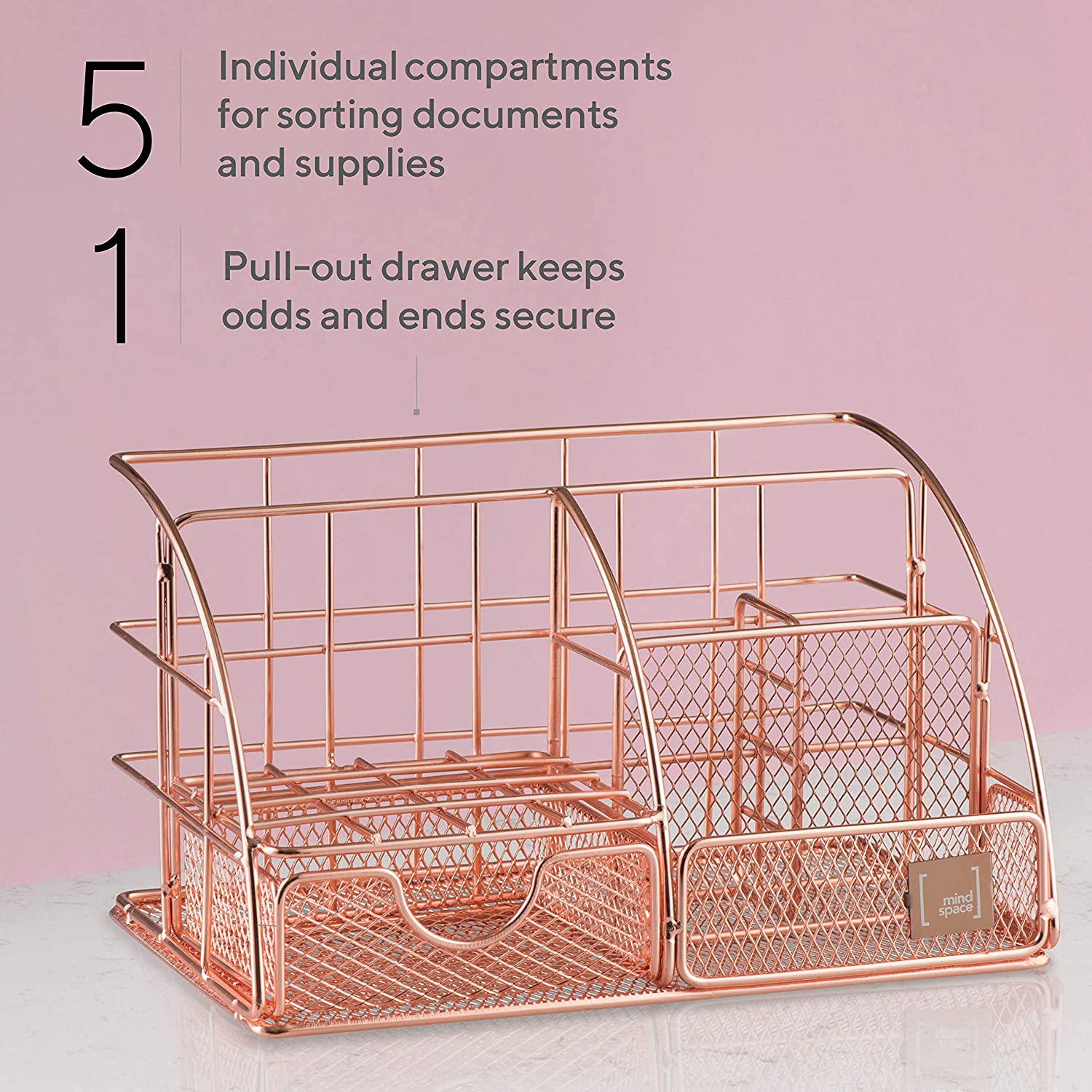 Rose Gold Desk Accessories, Desk Organizer & Office Decor for Women, Office Supplies Pen Holder | Paper & Binder Clips Included - Features 5 Compartments + Drawer | the Wire Collection