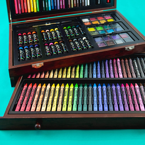 Image of 142 Pc Art Set in a Wood Carrying Case, Includes 24 Premium Colored Pencils, a Variety of Coloring and Painting Mediums: Crayons, Oil Pastels, Watercolors; Portable Art Studio