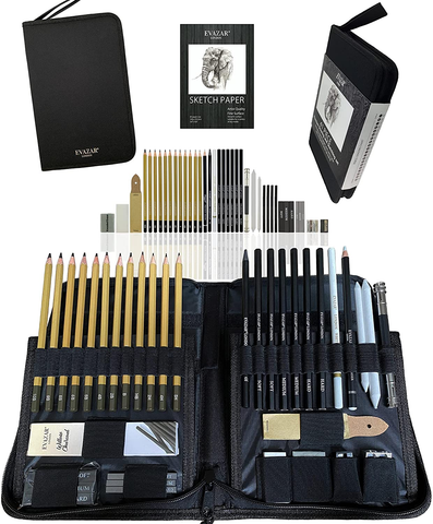 Image of Sketching Supplies and Drawing Pencils; Artists Sketch Kit Includes Assorted Graphite and Charcoal Pencils and Sticks Presented in Sturdy Portable Case with Integrated Stands; EVAZAR Quality Art Supplies