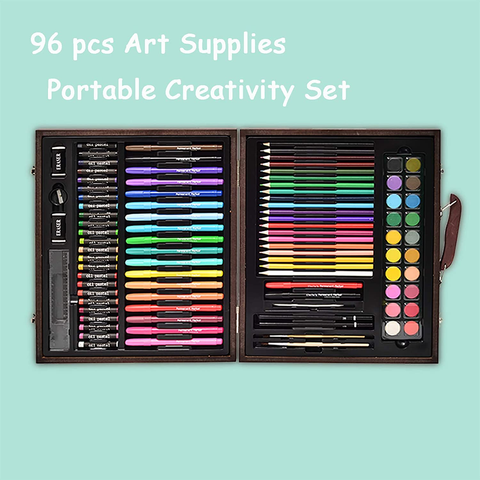 Image of Darnassus Wood Art Set, Art Box & Drawing Kit Color Set, Art Supply Gift for 4-12 Age, Art Kit with Compact Portable Wooden Case, Kid Drawing Set W/ All the Additional Supplies