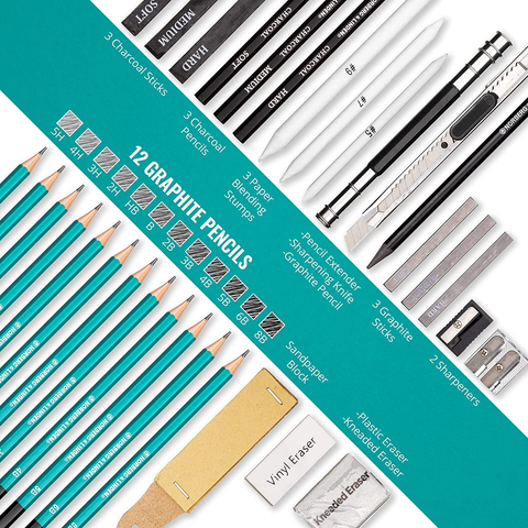Image of Norberg & Linden XL Drawing Set - Sketching, Graphite and Charcoal Pencils. Includes 100 Page Drawing Pad, Kneaded Eraser, Blending Stump. Art Kit and Supplies for Kids, Teens and Adults.
