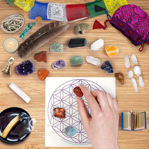 DANCING BEAR Deluxe Healing Crystals (35 Pc Set) Altar & Meditation Kit, Chakra Balance Stones, Abalone Shell & Sage, Smudge Feather, Real Turquoise, Spirit Animal, Bell, Prayer Flag, Made in USA