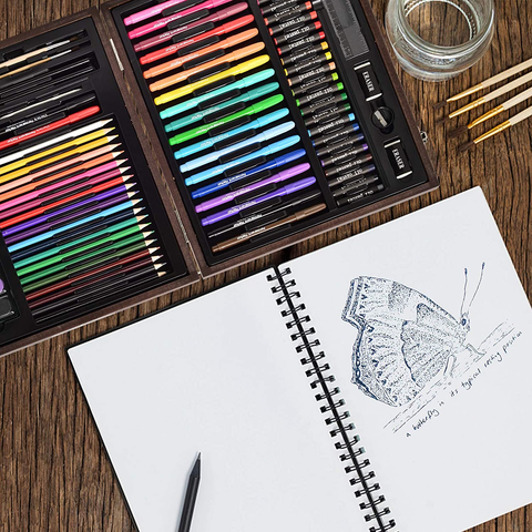 Image of Darnassus Wood Art Set, Art Box & Drawing Kit Color Set, Art Supply Gift for 4-12 Age, Art Kit with Compact Portable Wooden Case, Kid Drawing Set W/ All the Additional Supplies