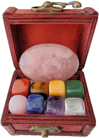 Image of Chakra Self Love Healing Crystal Collection in Treasure Chest, 9 PCS 1 Large Rose Quartz Palm Stone 8 Chakra Tumbled Stones Guide Self-Love Affirmations the Sacred Gift,Self Worth,Spirituality