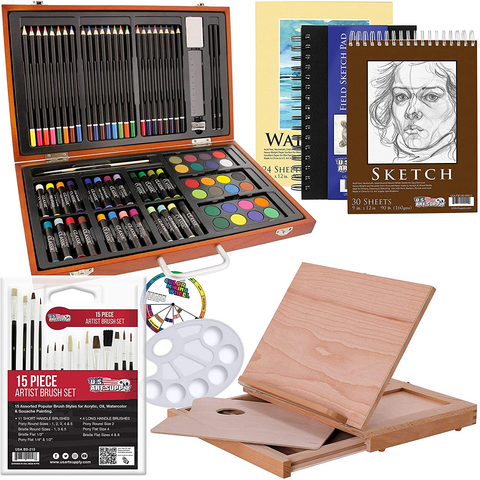 Image of U.S. Art Supply 104-Piece Deluxe Art Creativity Set in Wooden Case with Wood Desk Easel - Artist Painting Pad, 2 Sketch Pads, 24 Watercolor Paint Colors, 17 Brushes, 24 Colored Pencils, Drawing Kit