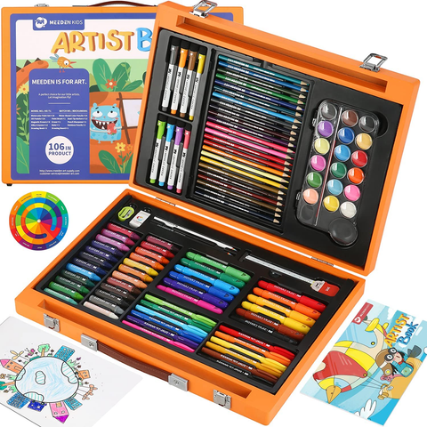 Image of MEEDEN Kids Drawing Set,Gift for Kids,Wood Case Artist Painting Set with Silky Crayons,Oil Pastels,Waterbased Pencils,Dry Erase Markers,Kids Art Supply Coloring Set with Paint Pad&White Drawing Board