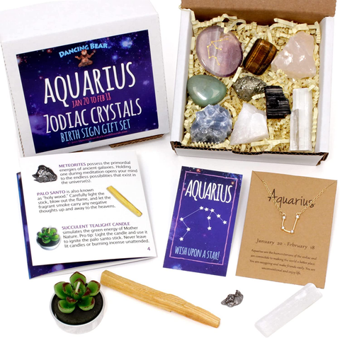 Image of DANCING BEAR Cancer Zodiac Healing Crystals Gift Set, (14 Pc): 9 Stones, 18K Gold-Plated Constellation Necklace, Meteorite, Succulent Candle, Palo Santo Smudge Stick, and Info Guide, Made in the USA