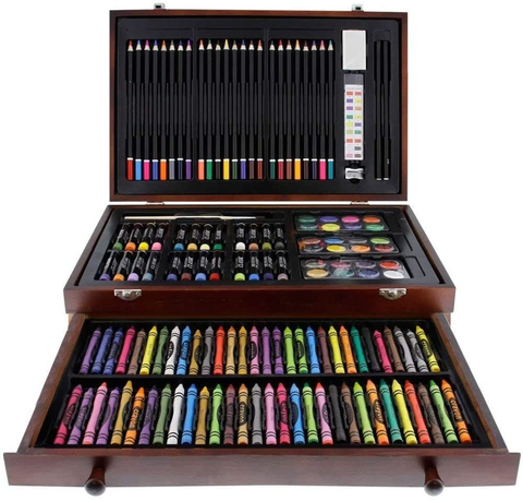 Image of U.S. Art Supply 143-Piece Mega Wood Box Art Painting, Sketching and Drawing Set in Storage Case - 24 Watercolor Paint Colors, 24 Oil Pastels, 24 Colored Pencils, 60 Crayons, 2 Brushes, Artist Kit