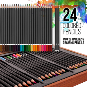 U.S. Art Supply 104-Piece Deluxe Art Creativity Set in Wooden Case with Wood Desk Easel - Artist Painting Pad, 2 Sketch Pads, 24 Watercolor Paint Colors, 17 Brushes, 24 Colored Pencils, Drawing Kit