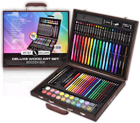 Image of Darnassus Wood Art Set, Art Box & Drawing Kit Color Set, Art Supply Gift for 4-12 Age, Art Kit with Compact Portable Wooden Case, Kid Drawing Set W/ All the Additional Supplies