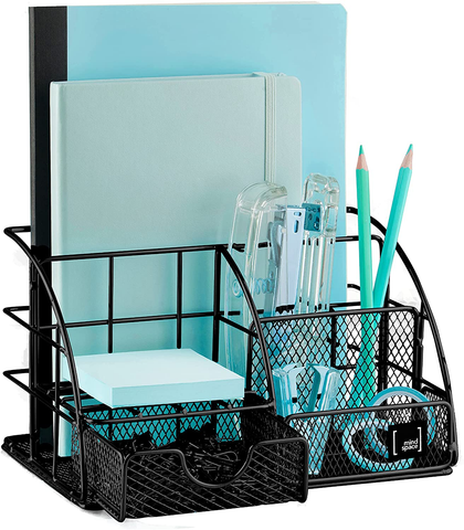 Image of Rose Gold Desk Accessories, Desk Organizer & Office Decor for Women, Office Supplies Pen Holder | Paper & Binder Clips Included - Features 5 Compartments + Drawer | the Wire Collection