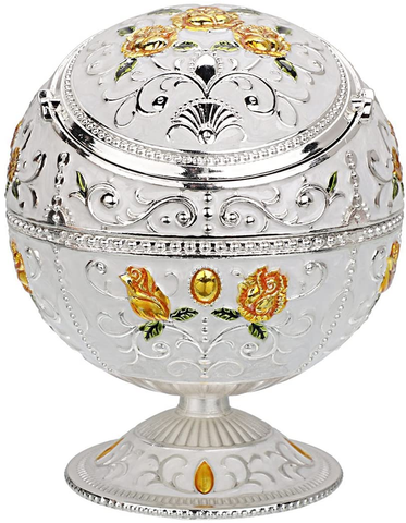 Image of Hand Stamped Rose Pattern Ashtray (Silver- with Green Leaf)