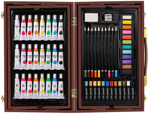 Image of Deluxe Art Set in Wooden Case, with Soft & Oil Pastels, Acrylic & Watercolor Paints, Water Color, Sketching, Charcoal & Colored Pencils, Watercolor Cakes and Tools
