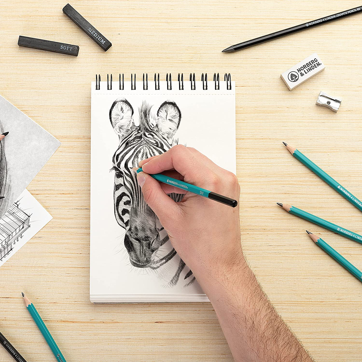 Norberg & Linden XL Drawing Set - Sketching, Graphite and Charcoal Pencils. Includes 100 Page Drawing Pad, Kneaded Eraser, Blending Stump. Art Kit and Supplies for Kids, Teens and Adults.