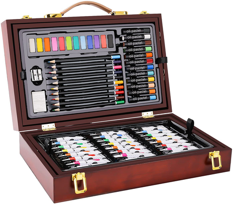 Image of Deluxe Art Set in Wooden Case, with Soft & Oil Pastels, Acrylic & Watercolor Paints, Water Color, Sketching, Charcoal & Colored Pencils, Watercolor Cakes and Tools