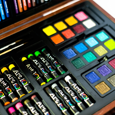 Image of 142 Pc Art Set in a Wood Carrying Case, Includes 24 Premium Colored Pencils, a Variety of Coloring and Painting Mediums: Crayons, Oil Pastels, Watercolors; Portable Art Studio