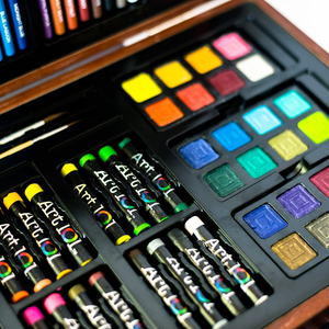 142 Pc Art Set in a Wood Carrying Case, Includes 24 Premium Colored Pencils, a Variety of Coloring and Painting Mediums: Crayons, Oil Pastels, Watercolors; Portable Art Studio