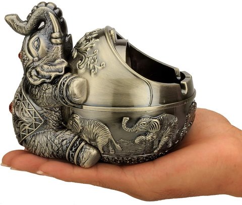 Image of Vintage Decorative Windproof Ashtray with Lid (Bronze Sitting Elephant)