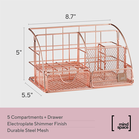 Image of Rose Gold Desk Accessories, Desk Organizer & Office Decor for Women, Office Supplies Pen Holder | Paper & Binder Clips Included - Features 5 Compartments + Drawer | the Wire Collection