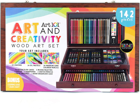 Image of 142 Pc Art Set in a Wood Carrying Case, Includes 24 Premium Colored Pencils, a Variety of Coloring and Painting Mediums: Crayons, Oil Pastels, Watercolors; Portable Art Studio