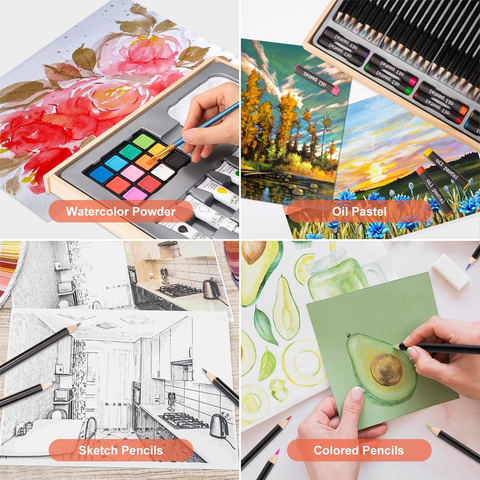 Image of Art Supplies 85 Pieces Portable Art Set Drawing Supplies with Built-In Wooden Easel, Including Oil Pastels, Colored Pencils, Watercolor Powder, Acrylic Paint, Art Kits for Kids & Beginners