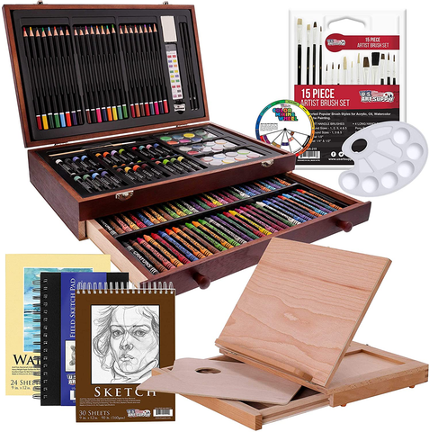Image of U.S. Art Supply 163-Piece Mega Deluxe Art Painting, Drawing Set in Wood Box, Desk Easel - Artist Painting Pad, 2 Sketch Pads, 24 Watercolor Paint Colors, 24 Oil Pastels, 24 Colored Pencils, 60 Crayons