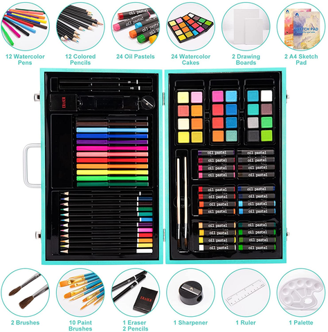 Image of Art Supplies, 94 Pieces Wooden Art Set Crafts Drawing Painting Kit, Portable Art Case Art Kit Includes Oil Pastels, Watercolor Pens, Creative Gift for Kids, Adults, Teens Girls Boys (Blue)