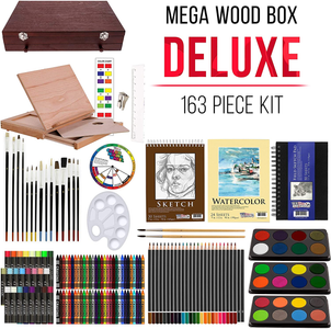 U.S. Art Supply 163-Piece Mega Deluxe Art Painting, Drawing Set in Wood Box, Desk Easel - Artist Painting Pad, 2 Sketch Pads, 24 Watercolor Paint Colors, 24 Oil Pastels, 24 Colored Pencils, 60 Crayons