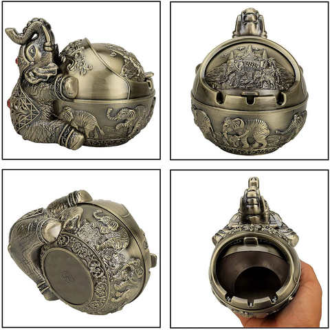Image of Vintage Decorative Windproof Ashtray with Lid (Bronze Sitting Elephant)