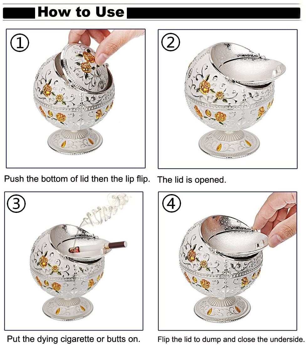 Hand Stamped Rose Pattern Ashtray (Silver- with Green Leaf)