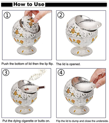 Image of Hand Stamped Rose Pattern Ashtray (Silver- with Green Leaf)