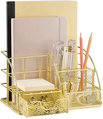 Image of Rose Gold Desk Accessories, Desk Organizer & Office Decor for Women, Office Supplies Pen Holder | Paper & Binder Clips Included - Features 5 Compartments + Drawer | the Wire Collection