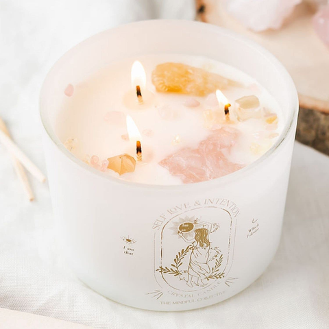 Image of Healing Crystal Candle - Soy Candle with Crystals Inside. Energy Crystals and Healing Stones Manifestation Candle. Three Wick Candle, Meditation Accessories. Self Love, Spiritual Aromatherapy Candles