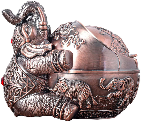 Image of Vintage Decorative Windproof Ashtray with Lid (Bronze Sitting Elephant)