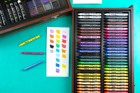 Image of 142 Pc Art Set in a Wood Carrying Case, Includes 24 Premium Colored Pencils, a Variety of Coloring and Painting Mediums: Crayons, Oil Pastels, Watercolors; Portable Art Studio