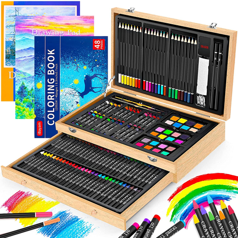 Image of 150-Pack Deluxe Wooden Art Set Crafts Drawing Painting Kit with 1 Coloring Book, 2 Sketch Pads, Creative Gift Box for Adults Artist Beginners Kids Girls Boys 5 -12