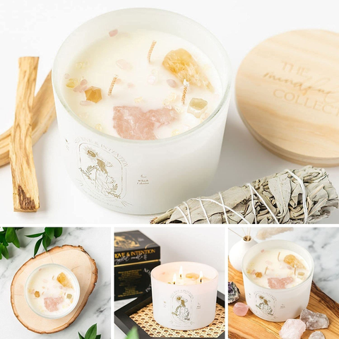 Image of Healing Crystal Candle - Soy Candle with Crystals Inside. Energy Crystals and Healing Stones Manifestation Candle. Three Wick Candle, Meditation Accessories. Self Love, Spiritual Aromatherapy Candles