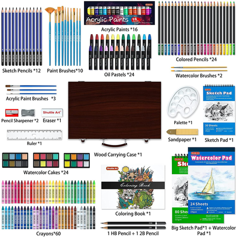 Image of 186 Piece Deluxe Art Set, Shuttle Art Art Supplies in Wooden Case, Painting Drawing Art Kit with Acrylic Paint Pencils Oil Pastels Watercolor Cakes Coloring Book Watercolor Sketch Pad for Kids Adults