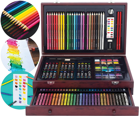 Image of 142 Pc Art Set in a Wood Carrying Case, Includes 24 Premium Colored Pencils, a Variety of Coloring and Painting Mediums: Crayons, Oil Pastels, Watercolors; Portable Art Studio