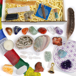 DANCING BEAR Deluxe Healing Crystals (35 Pc Set) Altar & Meditation Kit, Chakra Balance Stones, Abalone Shell & Sage, Smudge Feather, Real Turquoise, Spirit Animal, Bell, Prayer Flag, Made in USA