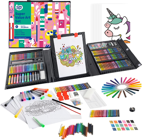 Image of KIDDYCOLOR 211Pcs Kids Art Supplies, Portable Painting & Drawing Art Kit for Kids with Oil Pastels, Crayons, Colored Pencils, Markers, Double Sided Trifold Easel Art Set for Girls Boys Teens 3-12