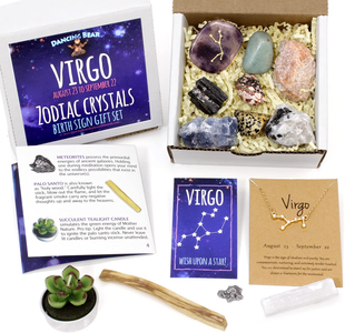 DANCING BEAR Cancer Zodiac Healing Crystals Gift Set, (14 Pc): 9 Stones, 18K Gold-Plated Constellation Necklace, Meteorite, Succulent Candle, Palo Santo Smudge Stick, and Info Guide, Made in the USA