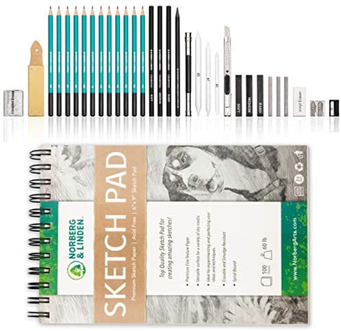 Image of Norberg & Linden XL Drawing Set - Sketching, Graphite and Charcoal Pencils. Includes 100 Page Drawing Pad, Kneaded Eraser, Blending Stump. Art Kit and Supplies for Kids, Teens and Adults.