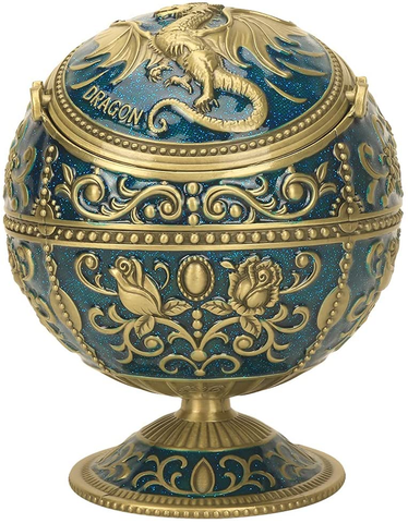 Image of Windproof Ashtray with Flip Lid, Handcrafted Rose Pattern Classy Gift for Women Men (Transparent Blue-Golden)