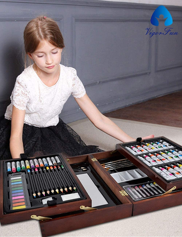 Image of Deluxe Art Set in Wooden Case, with Soft & Oil Pastels, Acrylic & Watercolor Paints, Water Color, Sketching, Charcoal & Colored Pencils, Watercolor Cakes and Tools