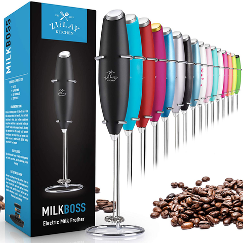 Image of Zulay Original Milk Frother Handheld Foam Maker for Lattes - Whisk Drink Mixer for Coffee, Mini Foamer for Cappuccino, Frappe, Matcha, Hot Chocolate by Milk Boss (Black)