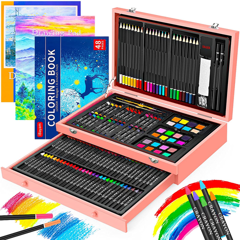 Image of 150-Pack Deluxe Wooden Art Set Crafts Drawing Painting Kit with 1 Coloring Book, 2 Sketch Pads, Creative Gift Box for Adults Artist Beginners Kids Girls Boys 5 -12